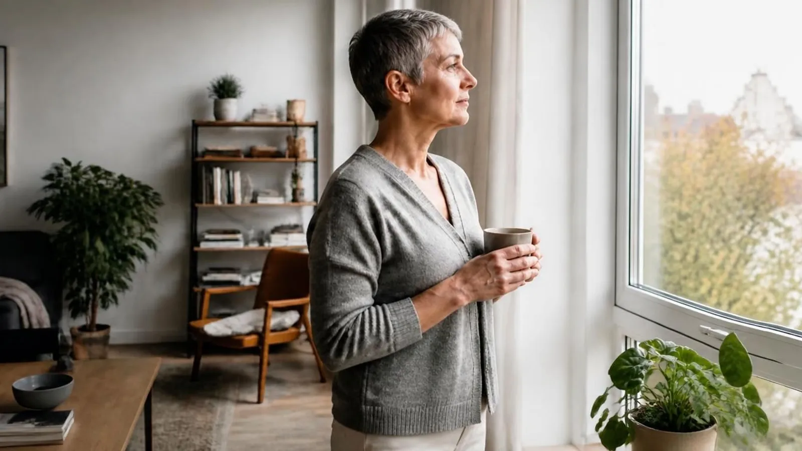 Woman with short gray hair holding a mug, gazing out a window in a cozy living room with plants and bookshelves.