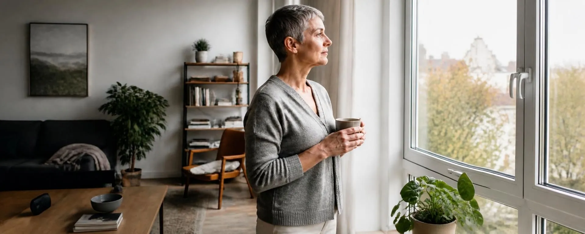 Woman with short gray hair holding a mug, gazing out a window in a cozy living room with plants and bookshelves.