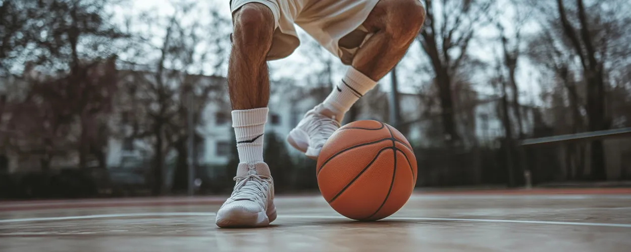 Mann mit Jumpersknee spielt Basketball, Basketballplatz im Hintergrund