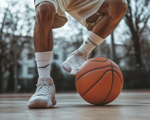 Mann mit Jumpersknee spielt Basketball, Basketballplatz im Hintergrund