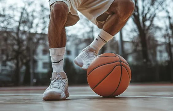Mann mit Jumpersknee spielt Basketball, Basketballplatz im Hintergrund