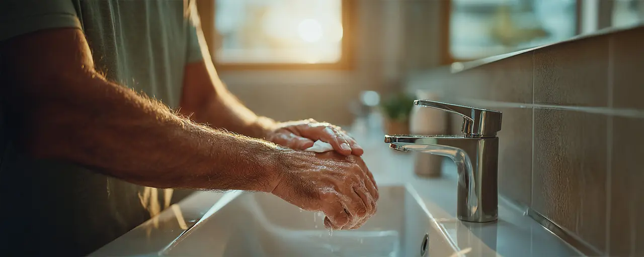 Eine Person wäscht sich am Waschbecken die Hände mit Seife, während Sonnenlicht durch die Fenster scheint.