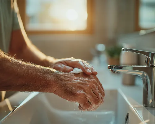 Eine Person wäscht sich am Waschbecken die Hände mit Seife, während Sonnenlicht durch die Fenster scheint.