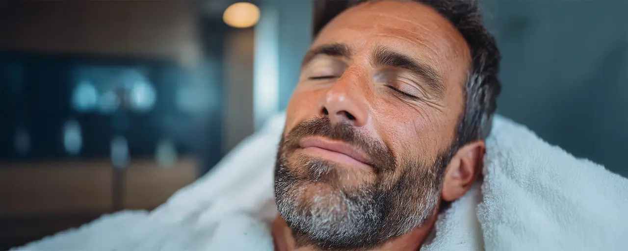 Close-up von einem Mann mit entspanntem Blick auf einer Liege mit Handtuch um den hals gewickelt