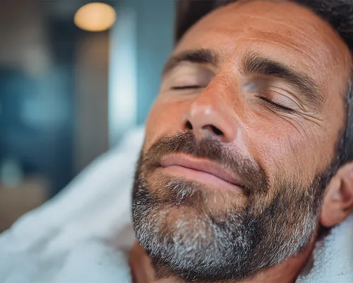 Close-up von einem Mann mit entspanntem Blick auf einer Liege mit Handtuch um den hals gewickelt