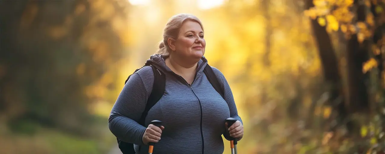 Übergewichtige Frau mit Praediabetes-Symptomen, läuft Nordic Walking im Wald