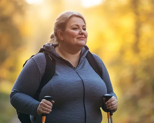 Übergewichtige Frau mit Praediabetes-Symptomen, läuft Nordic Walking im Wald