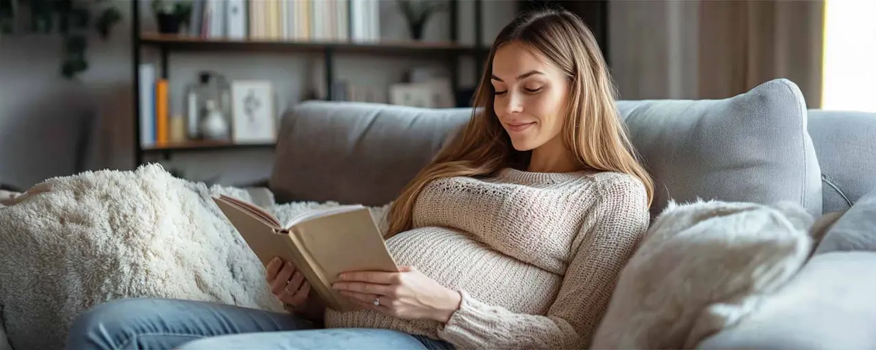Schwangere Frau mit Blasenentzündung, sitzt auf Sofa, liest Buch