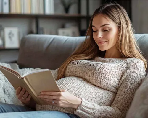 Schwangere Frau mit Blasenentzündung, sitzt auf Sofa, liest Buch