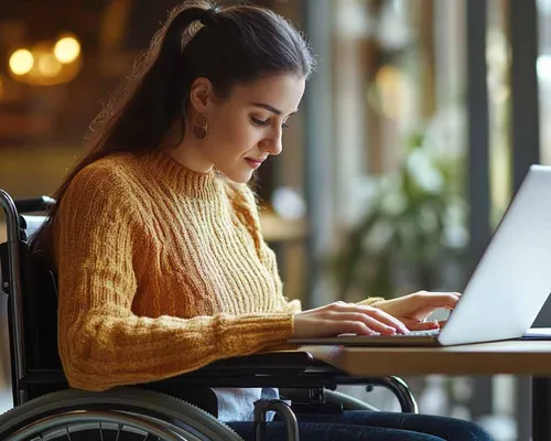junge Frau im Rollstuhl sitzt an Tisch, arbeitet am Laptop, liest Rechnung