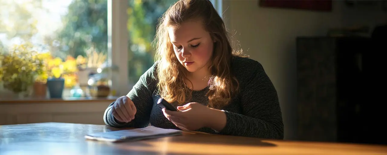 junge Frau mit Diabetes misst Blutzucker, Blutzuckermessgerät, Wertetabelle liegt vor ihr, sitzt an Tisch, Fenster