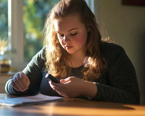 junge Frau mit Diabetes misst Blutzucker, Blutzuckermessgerät, Wertetabelle liegt vor ihr, sitzt an Tisch, Fenster