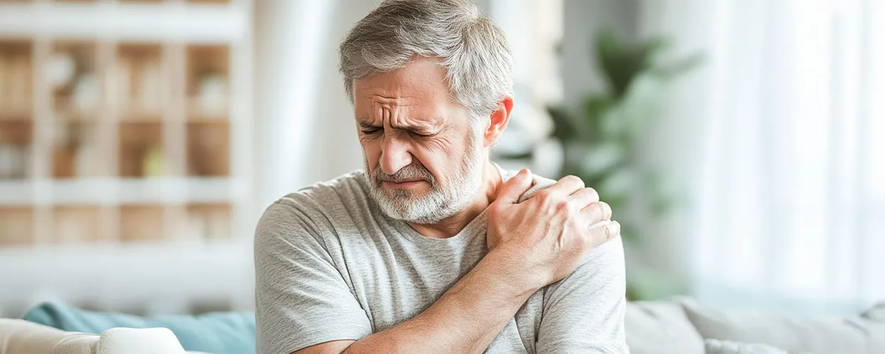 Mann mit grauen Haaren legt sich die Hand auf die Schulter, Gesicht schmerzverzehrt, Wohnung im Hintergrund