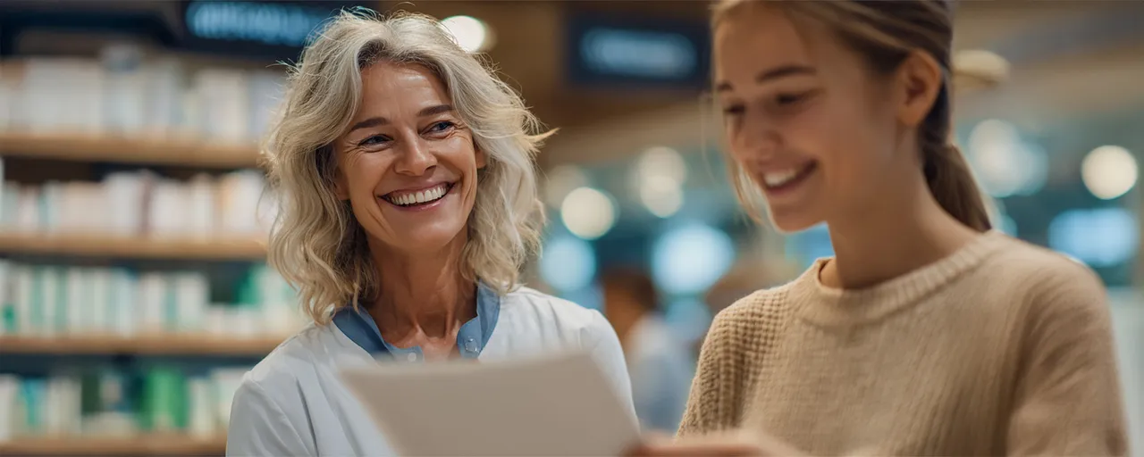 Sanitätshaus-Mitarbeiterin lächelt eine junge Frau an, die ein Papier in der Hand hält