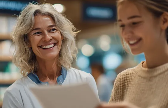 Sanitätshaus-Mitarbeiterin lächelt eine junge Frau an, die ein Papier in der Hand hält