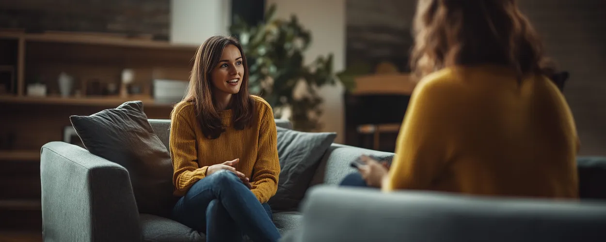 Frau in gelbem Pullover sitzt aufrecht auf Sessel, unterhält sich mit einer Freundin, Wohnung im Hintergrund