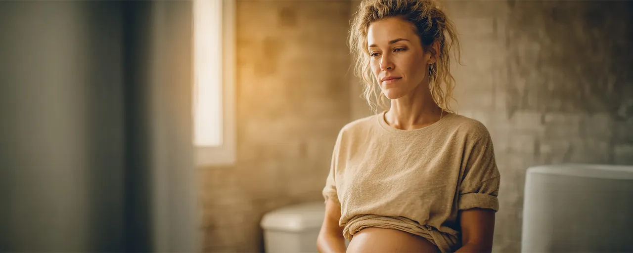 Joviva Hämorrhoiden Schwangerschaft Schwangere Frau Steht Nachdenklich Im Bad 1920x768