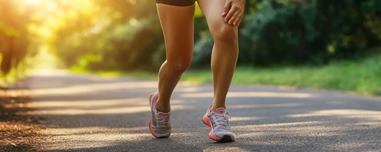 Frau mit Schmerzen im Bein hält die Hand ans Bein beim Joggen, Beine, Sportschuhe, Weg und Wiese im Hintergrund