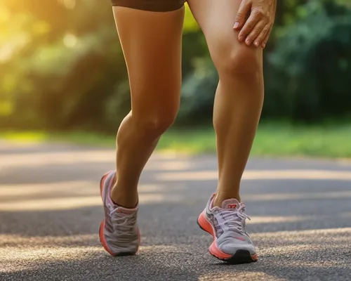 Frau mit Schmerzen im Bein hält die Hand ans Bein beim Joggen, Beine, Sportschuhe, Weg und Wiese im Hintergrund