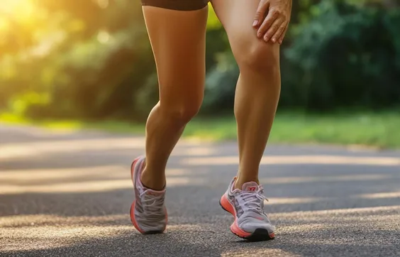 Frau mit Schmerzen im Bein hält die Hand ans Bein beim Joggen, Beine, Sportschuhe, Weg und Wiese im Hintergrund