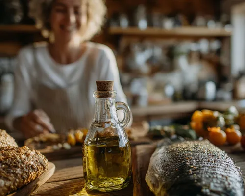 Frau schneidet Gemüse an eine Holztisch in einer Küche, Öl, Paprika, Fisch, Tomaten, Brokkoli, Brot
