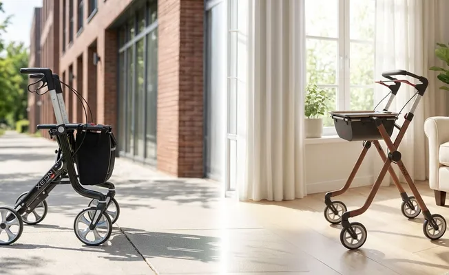 Zwei gegenübergestellte Bilder; links XEON-Carbon-Rollator von Rehasense auf einem urbanen Gehweg; rechts Pixel-Indoor-Rollator von Rehasense in einem hellen Wohnzimmer