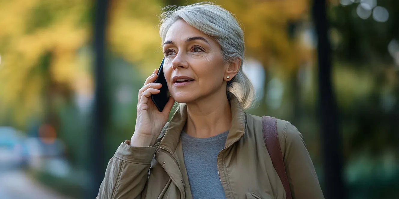 Frau mittleren Alters telefoniert mit Telefonbot, lächelt, Straße und Bäume im Hintergrund
