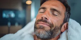 Close-up von einem Mann mit entspanntem Blick auf einer Liege mit Handtuch um den hals gewickelt