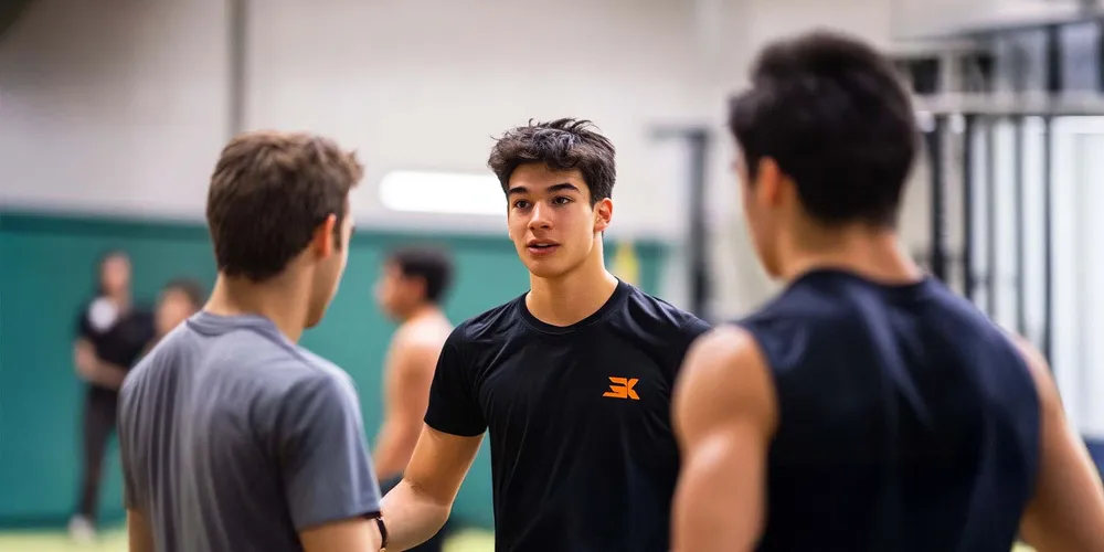 junge Männer beim Sport unterhalten sich, Fitness statt Feiern, Fitnesstudio, Gym