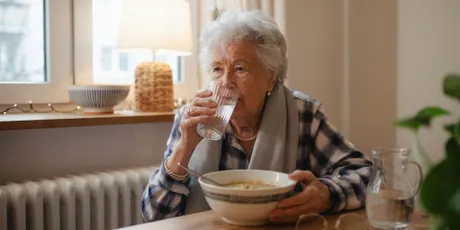 Älter Frau sitzt am Esstisch und trinkt Wasser während einer Mahlzeit