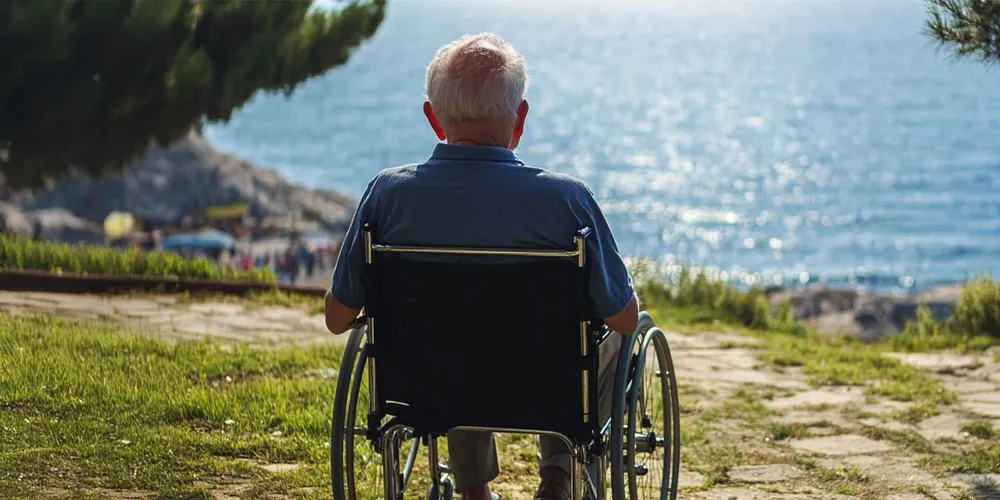 älterer Mann sitzt im Rollstuhl, schaut auf Meer, Sonne, Rollstuhl aus Sanitätshaus Burbach und Götz, Elektromobil