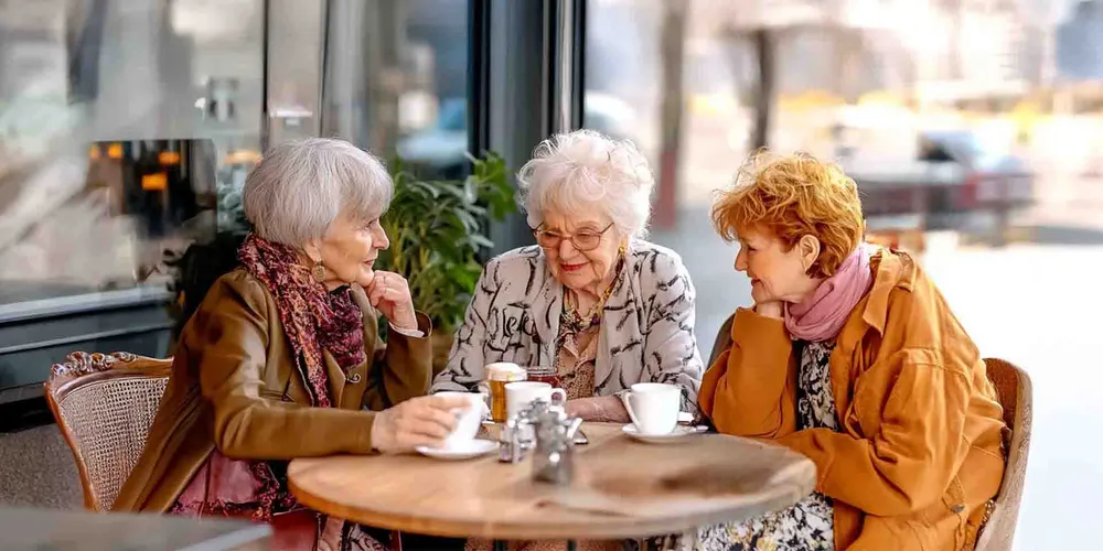 Drei ältere Frauen mit Inkontinenz sitzen im Cafe, unterhalten sich, lächeln