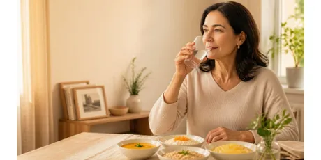 Frau sitzt am Esstisch und trinkt Wasser während einer Mahlzeit