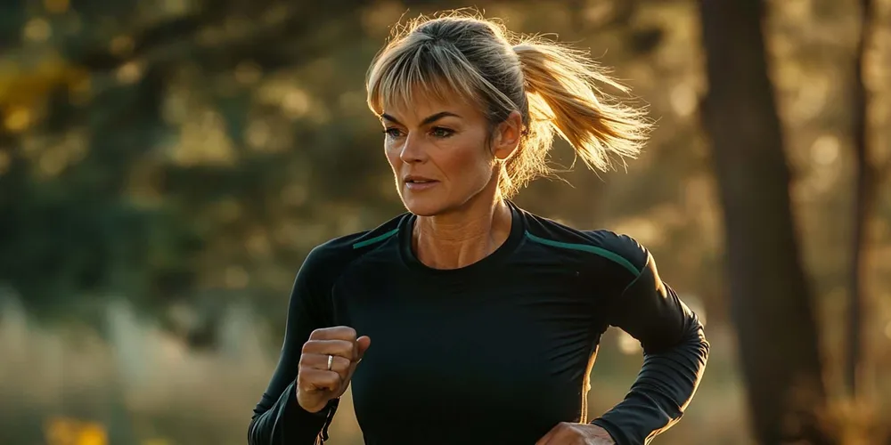 Resiliente Frau mittleren Alters, joggt draußen, starker Gesichtsausdruck
