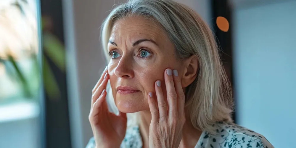Frau mittleren Alters schaut sich im Spiegel an, hält die Hände an ihr Gesicht mit Falten