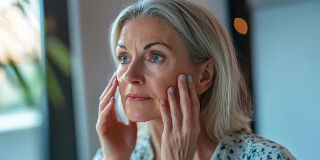 Frau mittleren Alters schaut sich im Spiegel an, hält die Hände an ihr Gesicht mit Falten