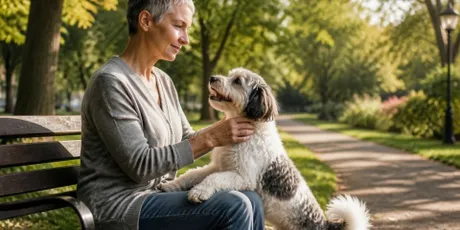 A woman with short gray hair sitting on a park bench, smiling at a fluffy white and black dog with its paws on her lap.