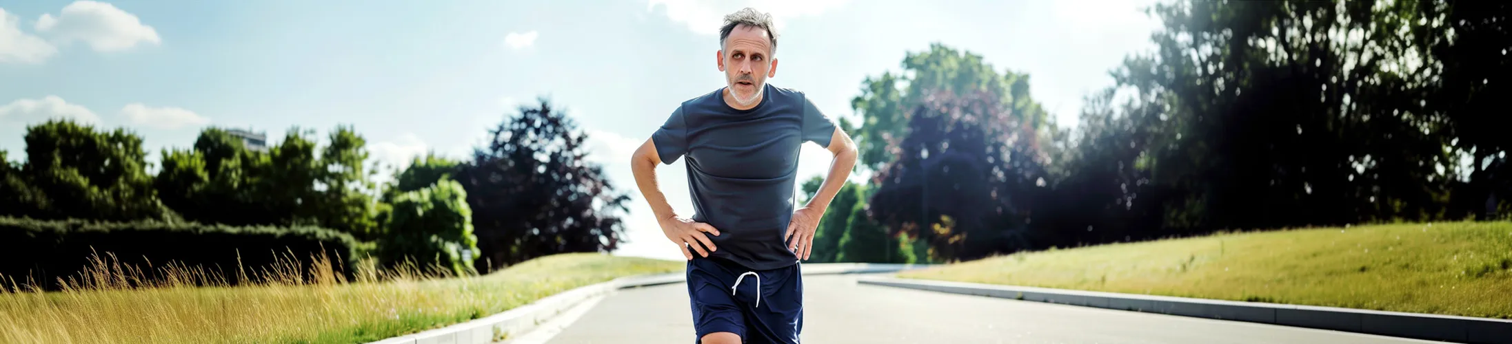 Mann mit Schleimbeutelentzündung hält sich die Hüfte beim Joggen, Weg, Wiese und Bäume im Hintergrund