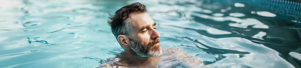 Ileostoma, Mann im Schwimmbad, Schwimmen gut geeigneter Sport nach Stoma-OP, Kontakt mit Wasser unproblematisch