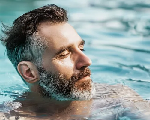 Ileostoma, Mann im Schwimmbad, Schwimmen gut geeigneter Sport nach Stoma-OP, Kontakt mit Wasser unproblematisch
