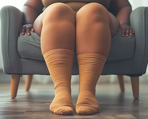 Liposuktion, Frau mit Lipödem auf Sessel, Fettverteilung gestört