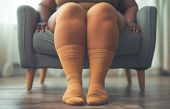 Liposuktion, Frau mit Lipödem auf Sessel, Fettverteilung gestört