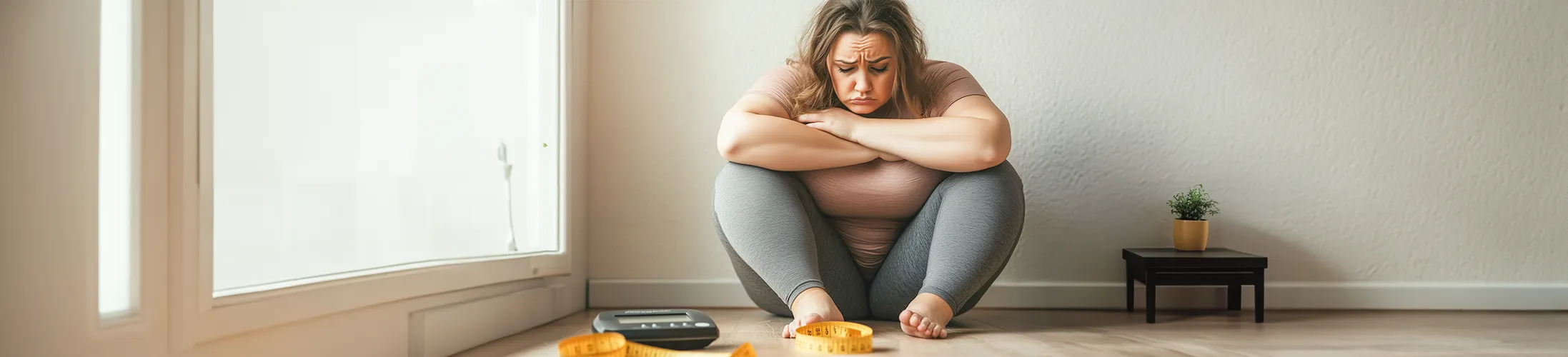 junge Frau mit Lipödem in den Beinen sitzt auf Boden, Maßband und Waage liegt vor ihr, schaut traurig zu Boden