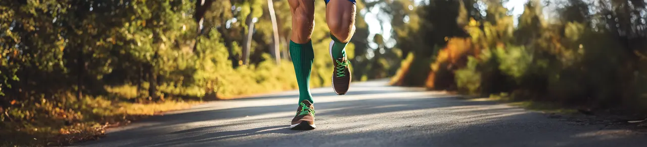 Was bringen Kompressionsstrümpfe, Mann beim Sport mit Kompressionskniestrümpfen, weniger Muskelkater