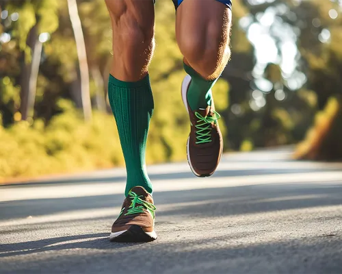 Was bringen Kompressionsstrümpfe, Mann beim Sport mit Kompressionskniestrümpfen, weniger Muskelkater