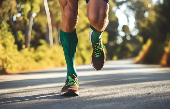 Was bringen Kompressionsstrümpfe, Mann beim Sport mit Kompressionskniestrümpfen, weniger Muskelkater