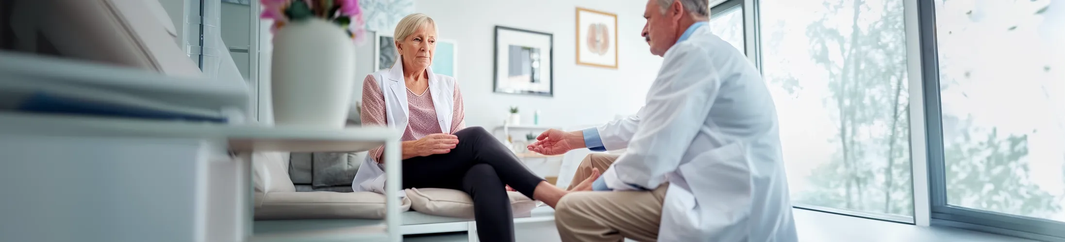 Polyneuropathie Endstadium, Arzt untersucht Fuß einer Frau, starke Einschränkung im Alltag, Rollator, Rollstuhl