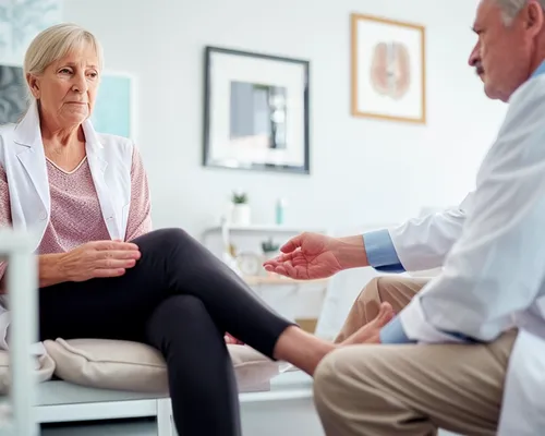 Polyneuropathie Endstadium, Arzt untersucht Fuß einer Frau, starke Einschränkung im Alltag, Rollator, Rollstuhl