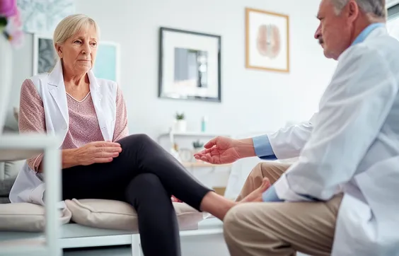 Polyneuropathie Endstadium, Arzt untersucht Fuß einer Frau, starke Einschränkung im Alltag, Rollator, Rollstuhl