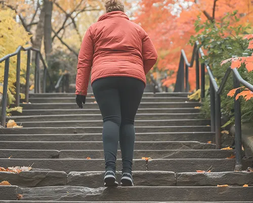 Liposuktion, Frau mit Lipödem steigt Treppe hoch, Option Fettabsaugung